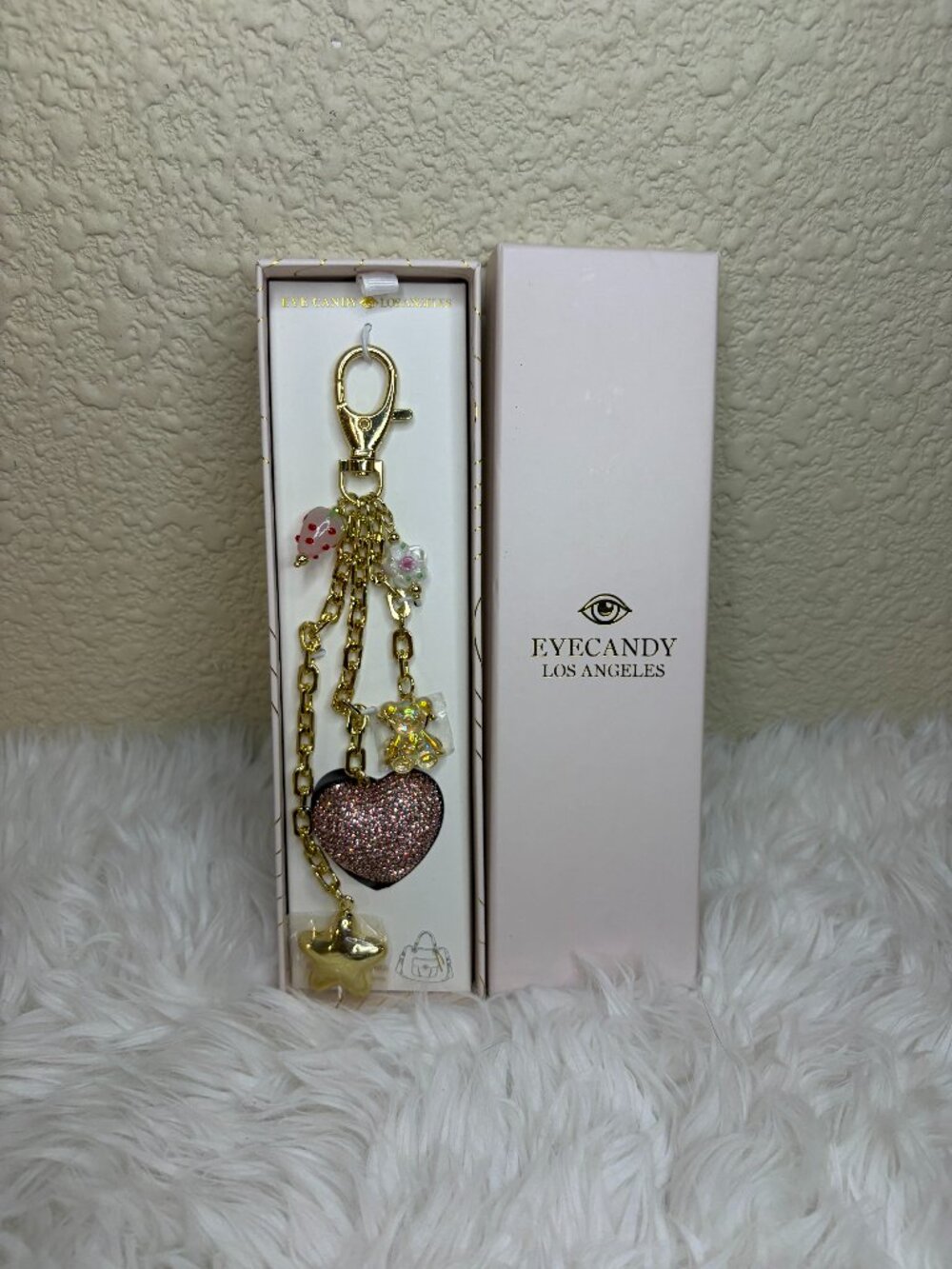 Eye Candy Los Angeles Pink Rhinestone Heart Teddy Bear Bag Charm Keychain NWT